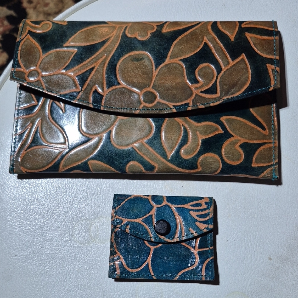 Floral Embossed Leather Wallet and Coin Holder